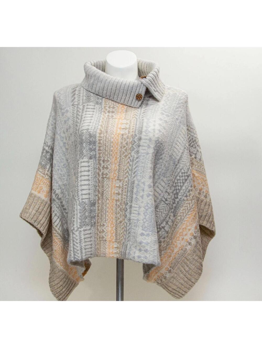 Free People Willow Knit Poncho Sweater in Grey and Cream LARGE Cowl Collar